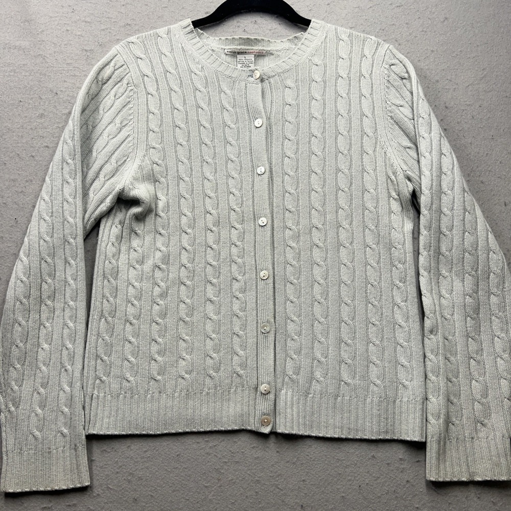 Evelyn Grace Cashmere Cardigan L Cable Knit Button Front Sweater
